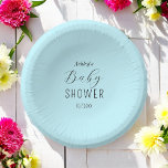 Baby Shower Boy Blue Elegant  Paper Plate<br><div class="desc">Boy Baby Shower paper bowls in blue and black with elegant minimalistic blue background and black text. More products with this design are in the collection below.</div>