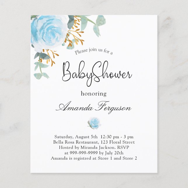 Baby Shower boy blue floral budget invitation Flyer (Front)