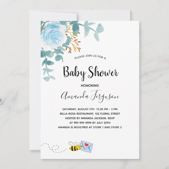Baby Shower boy blue floral greenery mum to bee Invitation (Front)