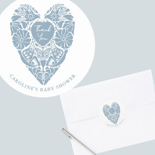Baby shower boy blue folk flower heart classic round sticker
