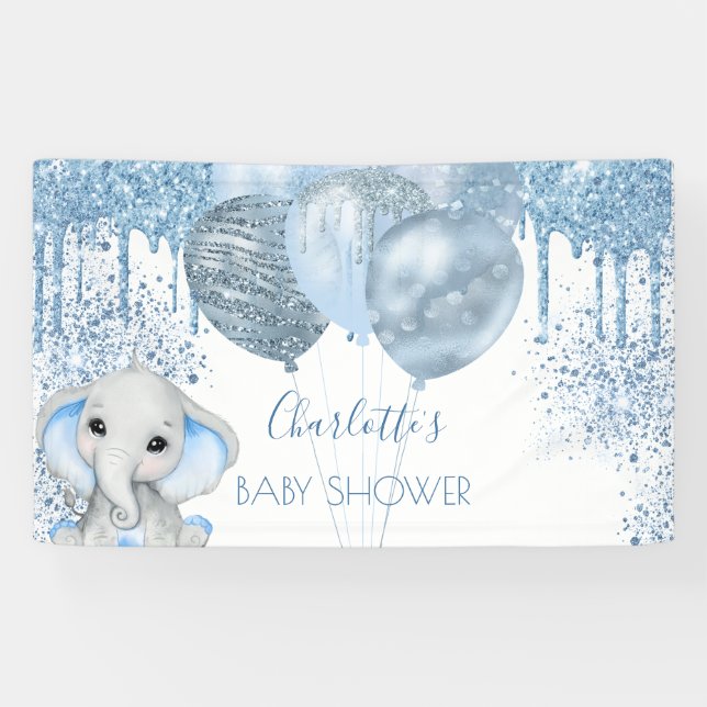 Baby Shower boy blue glitter elephant silver  Banner (Horizontal)