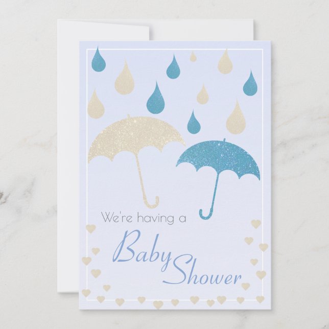Baby Shower Boy Blue Gradient Glitter Umbrellas Invitation (Front)
