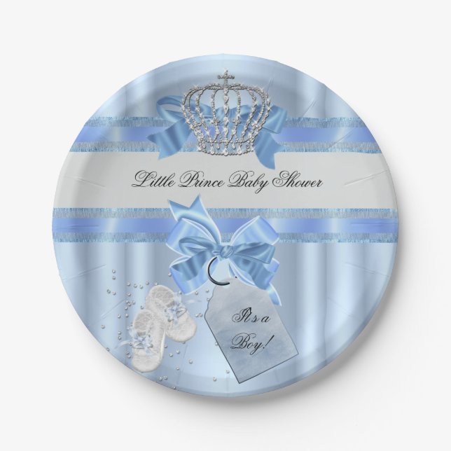 Baby Shower Boy Blue Little Prince Crown 3a Paper Plate (Front)