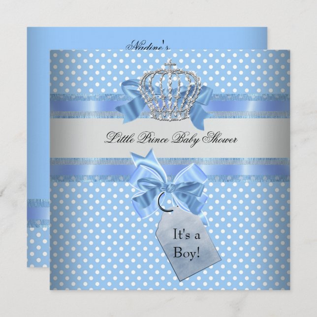 Baby Shower Boy Blue Little Prince Crown Invitation (Front/Back)