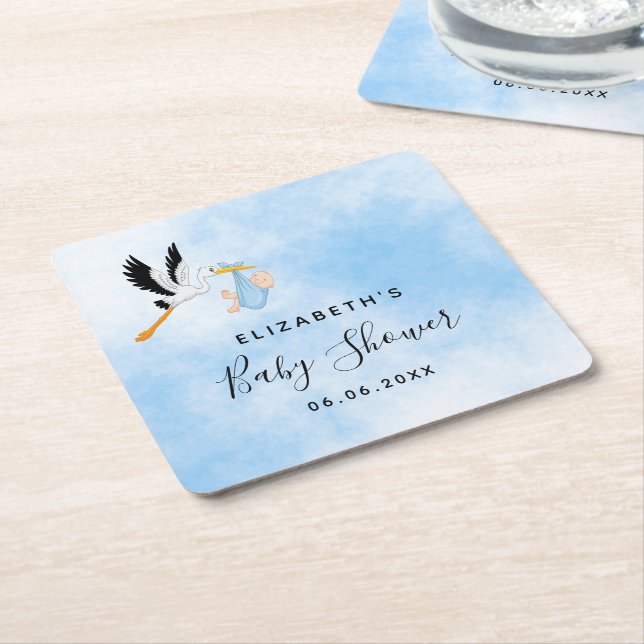 Baby shower boy blue stork cute square paper coaster (Angled)