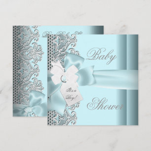Baby Shower Boy Blue Teal Grey White Lace Invitation