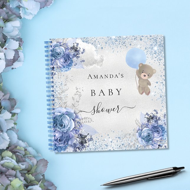 Baby Shower boy blue teddy bear floral guest book (Creator Uploaded)