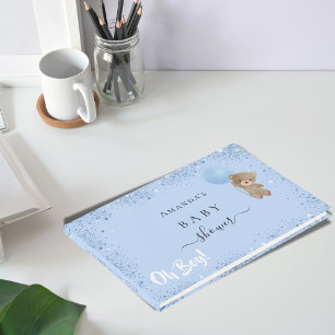 Baby Shower boy blue teddy bear glitter dust  Guest Book