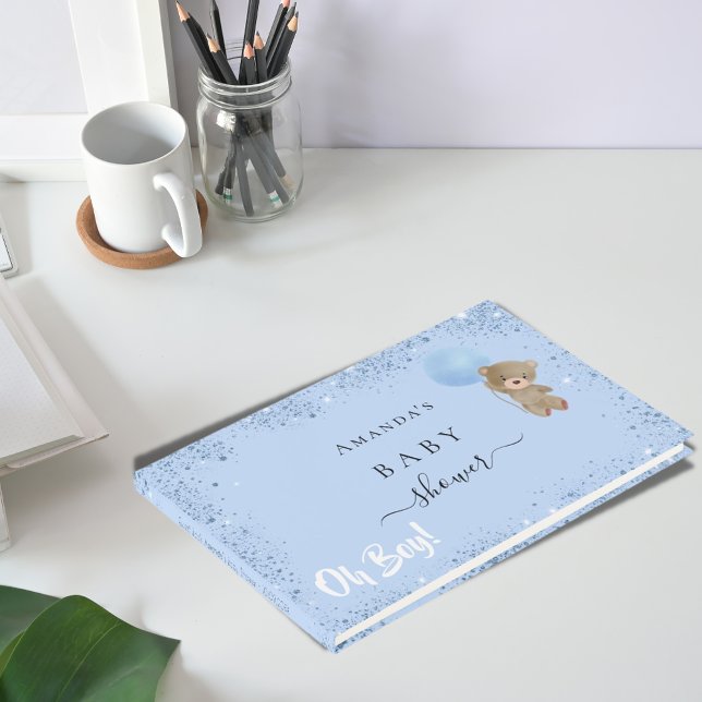 Baby Shower boy blue teddy bear glitter dust  Guest Book (Creator Uploaded)