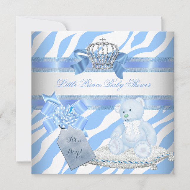 Baby Shower Boy Blue Zebra Prince Crown Teddy Bear Invitation (Front)