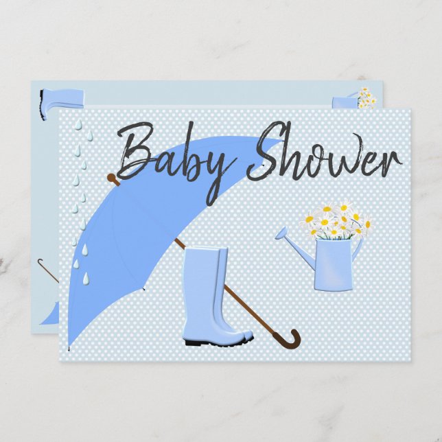 Baby Shower Boy Blues Umbrella and Rain Boots Invitation (Front/Back)