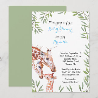 Baby Shower BOY, giraffe, white, almond, leaves Invitation