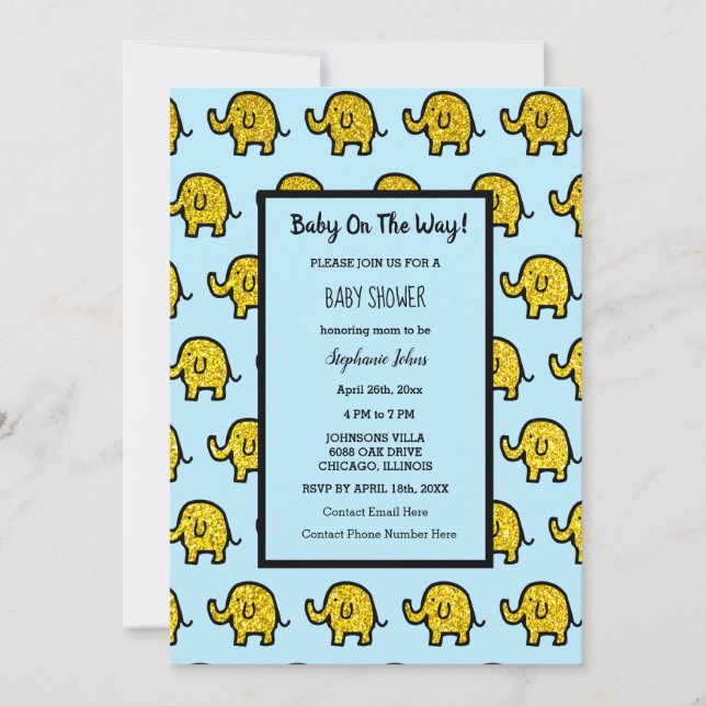 Baby Shower Boy Girl Elephant Animal Gold Glitter Invitation (Front)