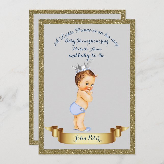 Baby Shower BOY,glitter frame,grey & gold. Invitation (Front/Back)