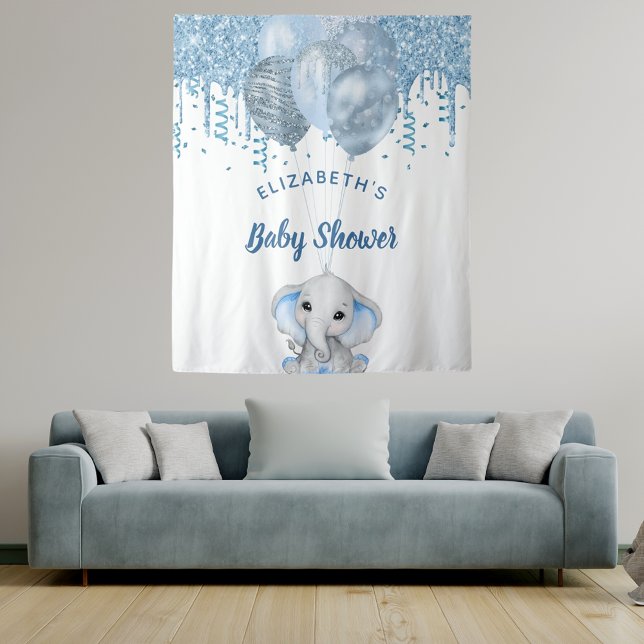 Baby Shower boy light blue glitter elephant silver Tapestry (Creator Uploaded)