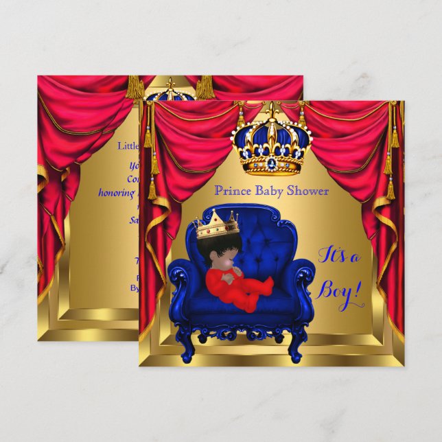 Baby Shower Boy Little Prince Blue Red Gold Ethnic Invitation (Front/Back)
