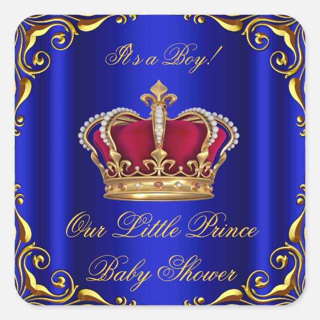 Baby Shower Boy Little Prince Royal Blue Red Gold Square Sticker (Front)
