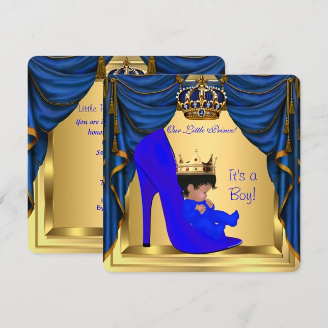 Baby Shower Boy Prince Royal Blue Shoe Gold Invitation (Front/Back)