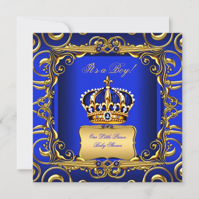 Baby Shower Boy Royal Blue Damask Gold Crown 2 Invitation (Front)