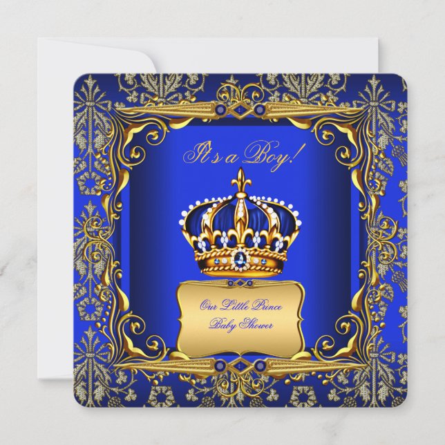 Baby Shower Boy Royal Blue Damask Gold Crown Invitation (Front)