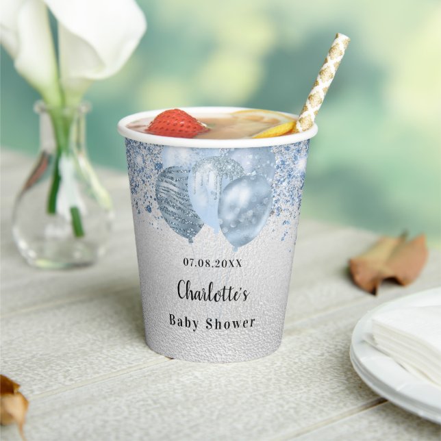 Baby Shower boy silver blue glitter balloons name Paper Cups (Insitu)
