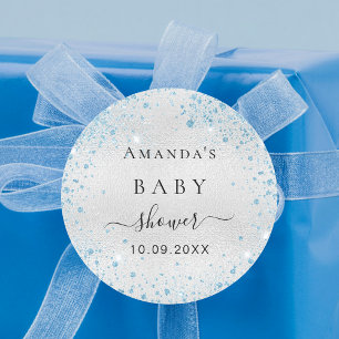 Baby shower boy silver blue glitter classic round sticker
