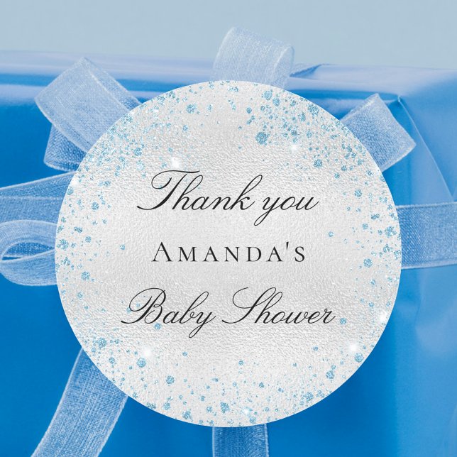 Baby shower boy silver blue glitter thank you classic round sticker (Creator Uploaded)