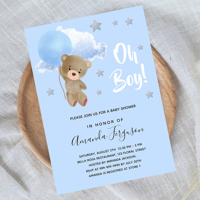 Baby shower boy teddy bear blue stars luxury invitation (Creator Uploaded)