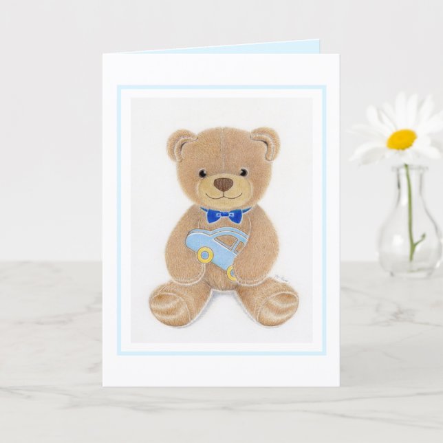 Baby Shower Boy Teddy Bear Folded Greeting Card (Small Plant)