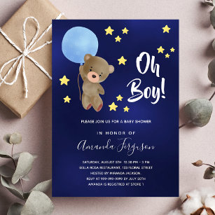 Baby shower boy teddy bear navy blue stars  invitation