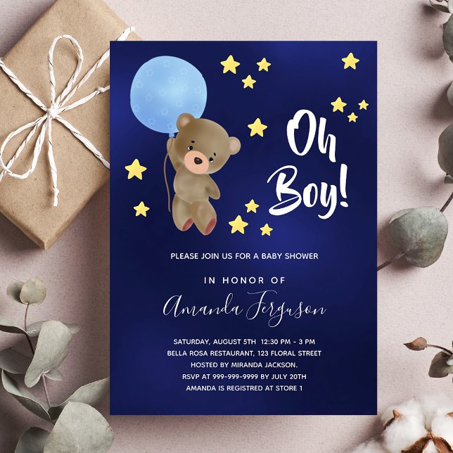 Baby shower boy teddy bear navy blue stars  invitation (Creator Uploaded)