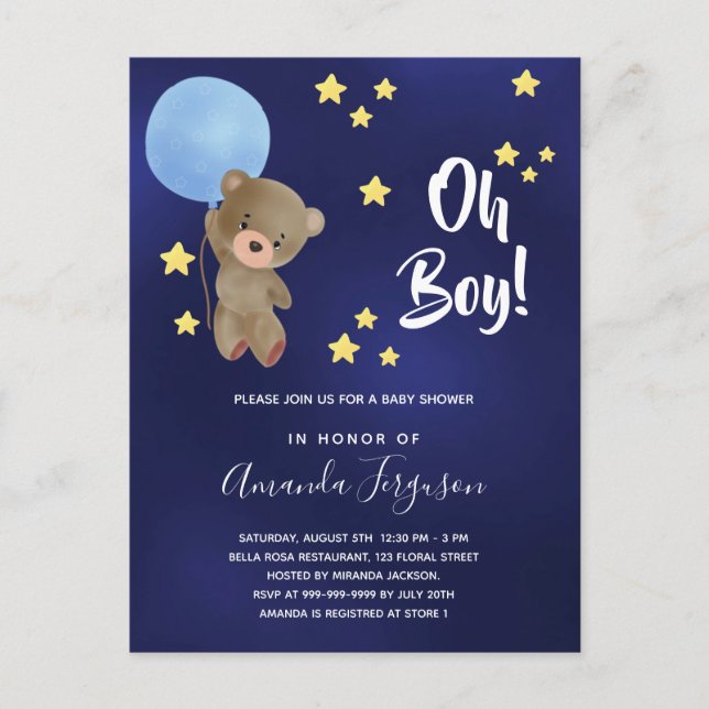 Baby shower boy teddy bear navy blue stars invitation postcard (Front)