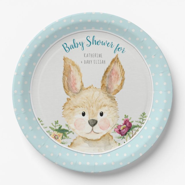 Baby Shower Boy Woodland Animal Cute Bunny Rabbit Paper Plate (Front)