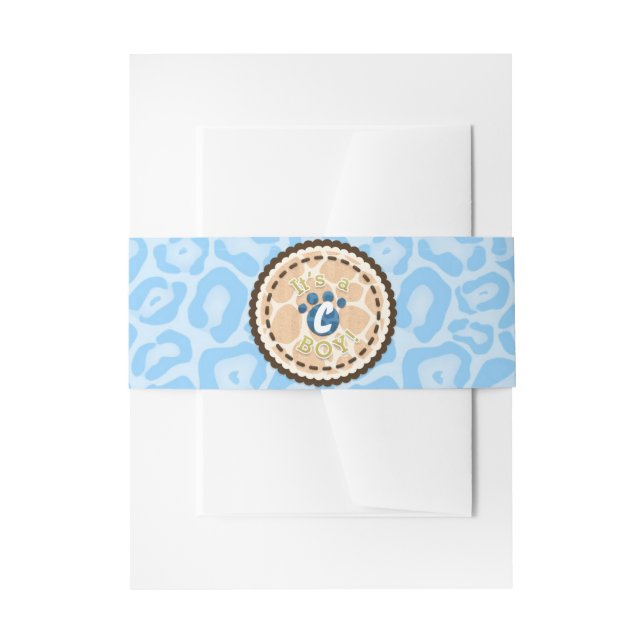 Baby Shower Boys Blue Safari Print Themed Party Invitation Belly Band (Front Example)