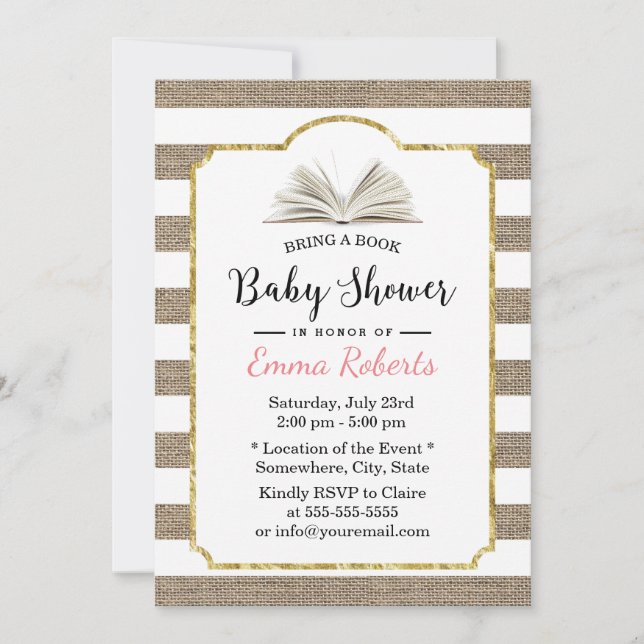 Baby Shower Bring a Book Request Burlap Stripes Invitation (Front)