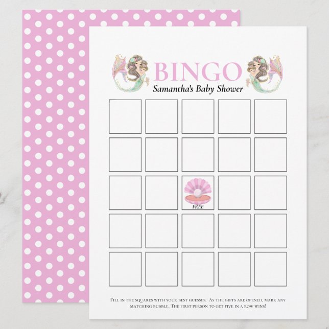 Baby Shower Brown Mermaid Bingo Under The Sea Pink Invitation (Front/Back)