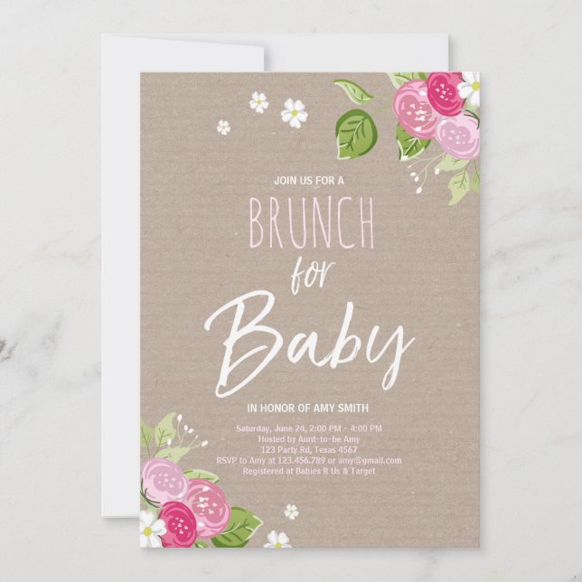 Baby shower brunch invitation Floral Rustic Pink (Front)