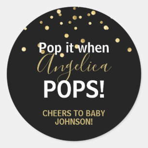 Baby Shower Bubbly POP Champagne Black Gold Classic Round Sticker
