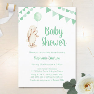 Baby Shower Bunny & Balloon Green Invitation