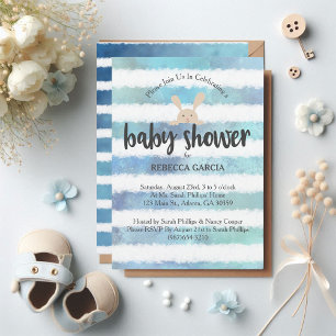Baby Shower Bunny Blue White Watercolor Stripe Invitation