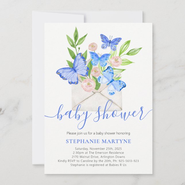 Baby Shower Butterfly Blue Floral Envelope Invitation (Front)