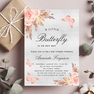 Baby shower butterfly blush pampas silver invitation