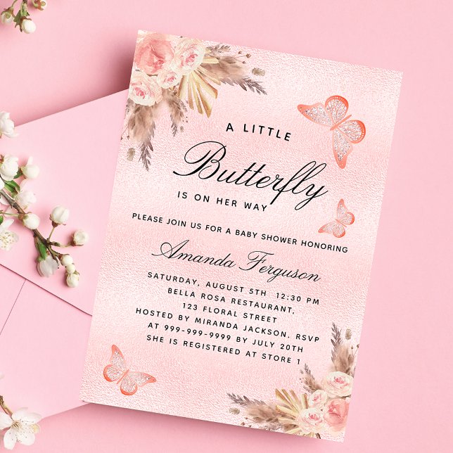 Baby Shower butterfly girl pink pampas luxury Invitation (Creator Uploaded)