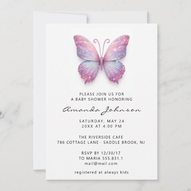 Baby Shower Butterfly Girl Rose Holograph Pink Invitation (Front)