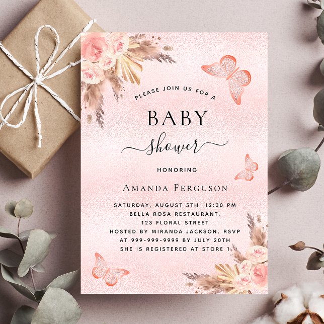 Baby shower butterfly pampas grass blush luxury invitation (Creator Uploaded)
