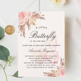 Baby shower butterfly pink beige pampas grass invitation