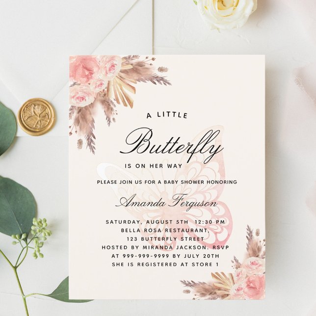 Baby shower butterfly pink beige pampas invitation (Creator Uploaded)