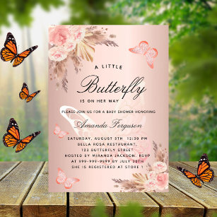 Baby shower butterfly pink girl pampas boho luxury invitation
