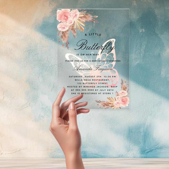 Baby shower butterfly pink girl pampas grass clear acrylic invitations (Creator Uploaded)