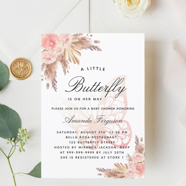 Baby shower butterfly pink girl pampas grass invitation (Creator Uploaded)
